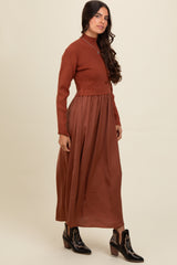 Brown Knit Contrast Top Satin Midi Dress