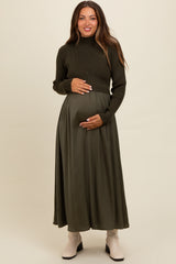 Olive Knit Contrast Top Satin Maternity Midi Dress