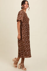 Brown Floral Smocked Midi Dress