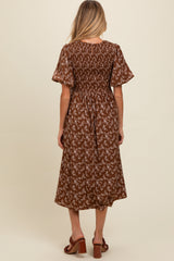 Brown Floral Smocked Maternity Midi Dress