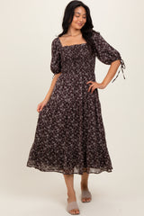 Dark Brown Floral Smocked Sleeve Tie Midi Dress