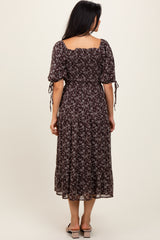 Dark Brown Floral Smocked Sleeve Tie Midi Dress