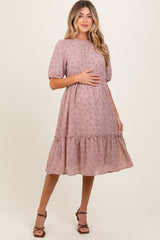 Mauve Printed Textured Maternity Midi Dress