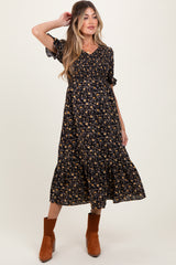 Black Floral Print Smocked Ruffle Hem Maternity Midi Dress