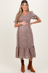 Mauve Floral Print Smocked Ruffle Hem Maternity Midi Dress