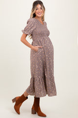 Mauve Floral Print Smocked Ruffle Hem Maternity Midi Dress