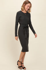 Charcoal Ribbed Sash Tie Midi Sweater Dress