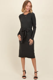 Charcoal Ribbed Sash Tie Midi Sweater Dress