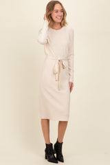 Cream Ribbed Sash Tie Midi Sweater Dress