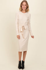 Cream Ribbed Sash Tie Maternity Midi Sweater Dress