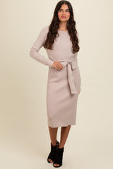 Beige Ribbed Sash Tie Midi Sweater Dress