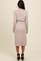 Beige Ribbed Sash Tie Midi Sweater Dress