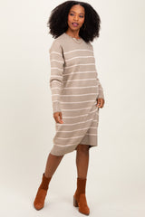 Beige Striped Maternity Midi Sweater Dress