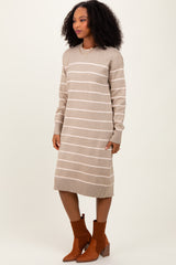 Beige Striped Midi Sweater Dress