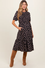 Black Floral Puff Sleeve Smocked Maternity Midi Dress