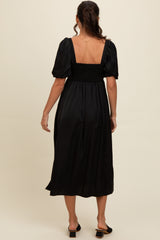 Black Satin Pleated Bodice Puff Sleeve Midi Dress