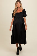 Black Satin Pleated Bodice Puff Sleeve Maternity Midi Dress