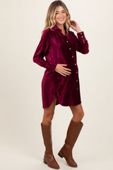 Burgundy Crinkled Velvet Button Down Maternity Shirt Dress