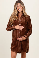 Brown Crinkled Velvet Button Down Maternity Shirt Dress