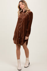 Brown Crinkled Velvet Button Down Shirt Dress