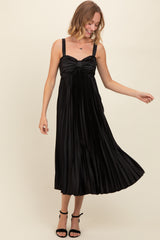 Black Satin Pleated Sweetheart Midi Dress