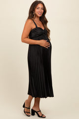 Black Satin Pleated Sweetheart Maternity Midi Dress