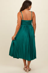 Teal Satin Pleated Sweetheart Maternity Midi Dress