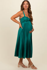 Teal Satin Pleated Sweetheart Maternity Midi Dress