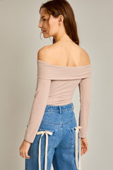 Taupe Off Shoulder Long Sleeve Bodysuit