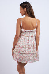 Pink Floral Pink Sleeveless Tiered Ruffle Mini Dress