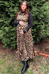 Brown Leopard Print Pleated Maternity Maxi Dress