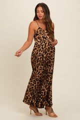 Brown Leopard Print Pleated Maternity Maxi Dress