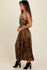 Brown Leopard Print Pleated Maxi Dress