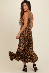 Brown Leopard Print Pleated Maxi Dress