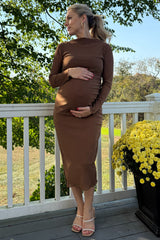 Brown Shimmer Mesh Long Sleeve Ruched Maternity Midi Dress