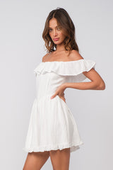 White Ruffle Off Shoulder Drop-Waist Mini Dress