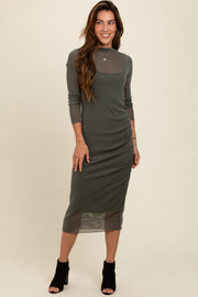 Olive Shimmer Mesh Long Sleeve Ruched Midi Dress