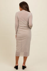 Beige Shimmer Mesh Long Sleeve Ruched Maternity Midi Dress