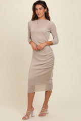 Beige Shimmer Mesh Long Sleeve Ruched Maternity Midi Dress