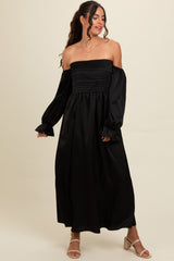 Black Off Shoulder Satin Pleated Bodice Maternity Maxi Dress