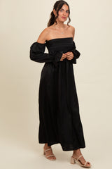 Black Off Shoulder Satin Pleated Bodice Maxi Dress