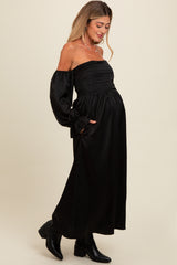 Black Off Shoulder Satin Pleated Bodice Maternity Maxi Dress