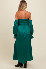 Emerald Green Off Shoulder Satin Pleated Bodice Maternity Maxi Dress