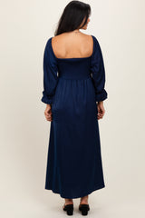 Navy Off Shoulder Satin Pleated Bodice Maxi Dress