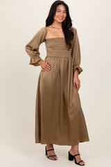 Olive Off Shoulder Satin Pleated Bodice Maternity Maxi Dress