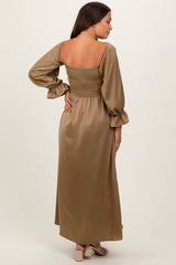 Olive Off Shoulder Satin Pleated Bodice Maternity Maxi Dress