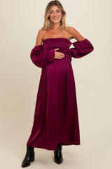 Burgundy Off Shoulder Satin Pleated Bodice Maternity Maxi Dress