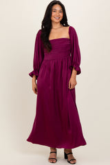 Burgundy Off Shoulder Satin Pleated Bodice Maternity Maxi Dress