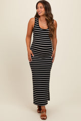 Black Striped Ribbed Open Back Maternity Maxi Dress