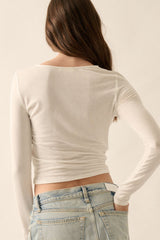 Cream Solid Ruched-Bodice Knit Top